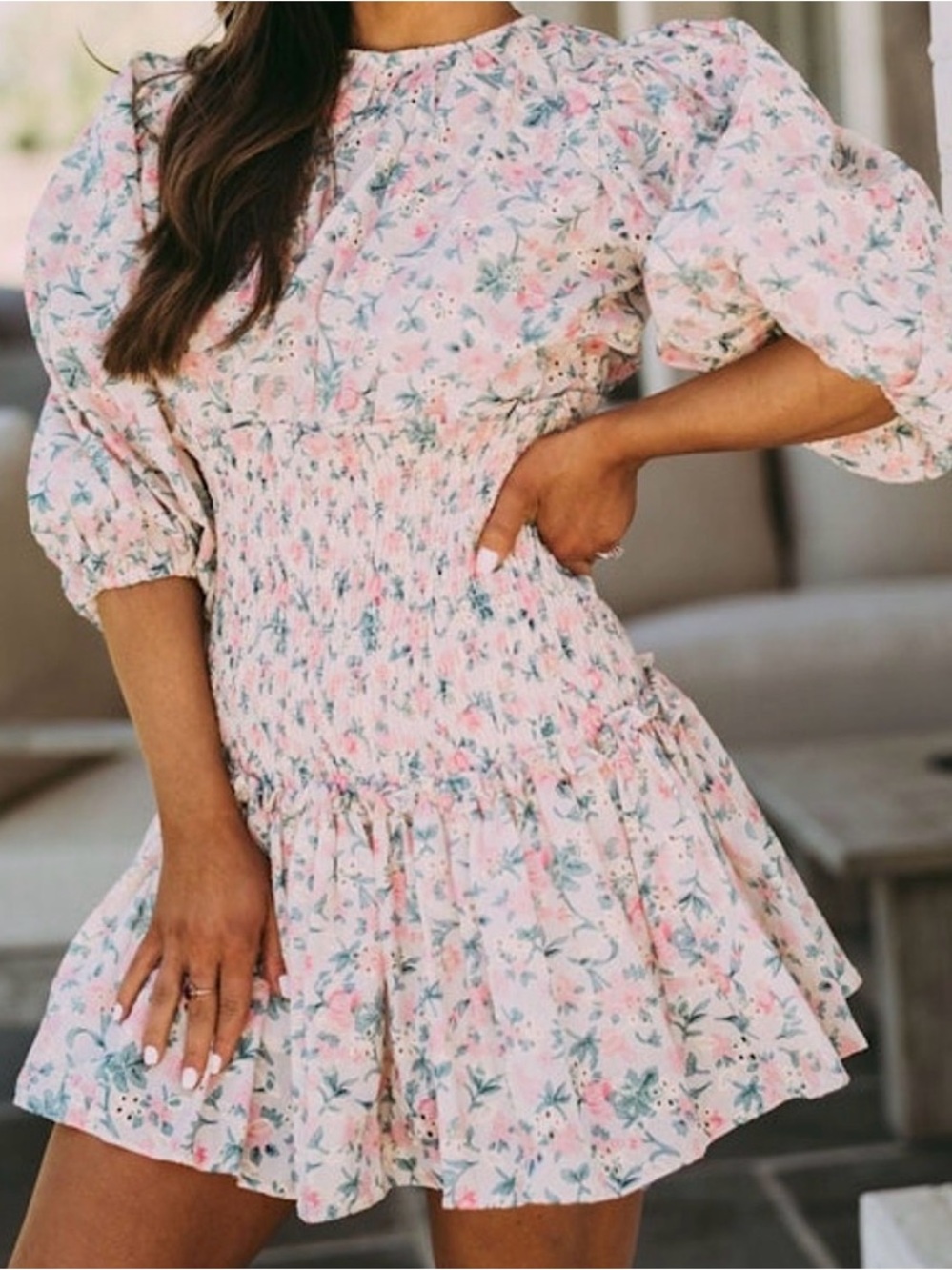 Mabel Eyelet Puff Sleeve Dress- Pink Smocked Floral Mini Dress size small